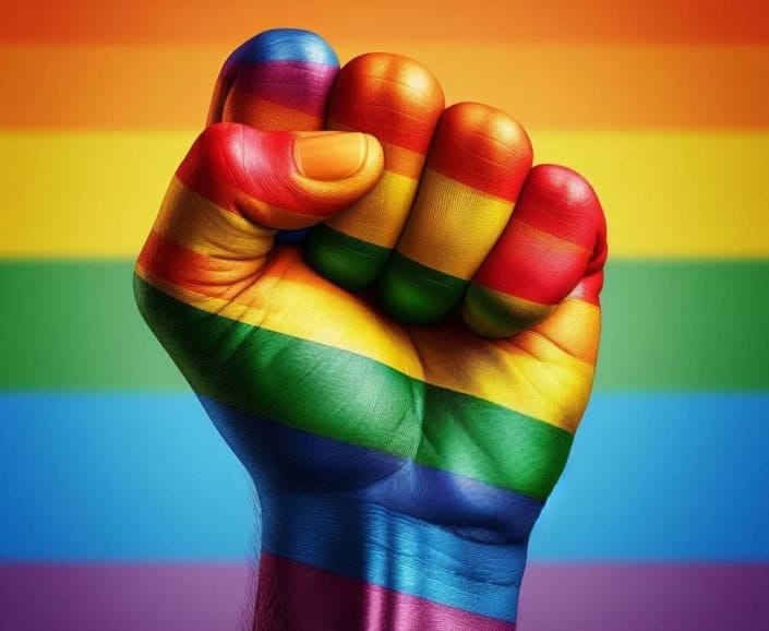 punho cerrado nas cores LGBTQIA+ representando o dia internacional contra a homofobia