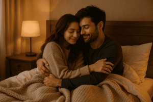 casal abraçado na cama em clima amoroso e iluminação confortavel