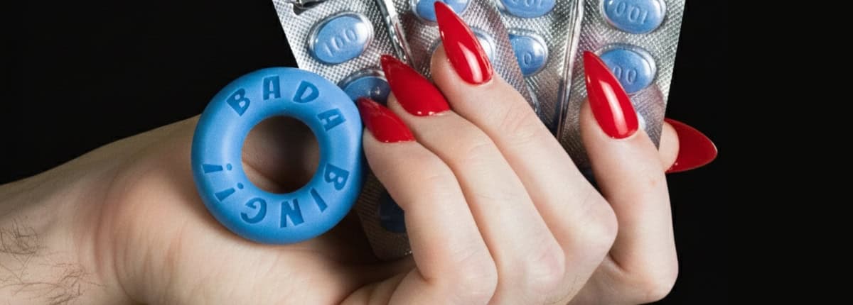 Mão segurando cartelas de viagra e um anel peniano