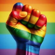 punho cerrado nas cores LGBTQIA+ representando o dia internacional contra a homofobia